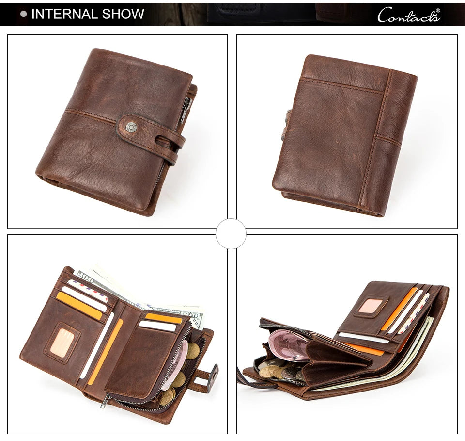 CONTACT'S Casual Men Wallets Crazy Horse Leather Short Coin Purse Hasp Design Wallet Cow Leather Clutch Wallets Male Carteiras