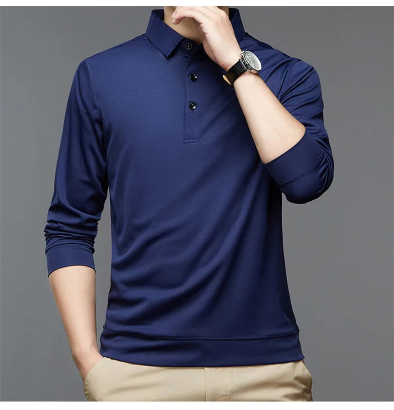 Fashion Men New Business Solid Polo Shirts Spring Autumn Thin Long Sleeve Button Lapel Male Clothing Loose Casual T-Shirt Tops