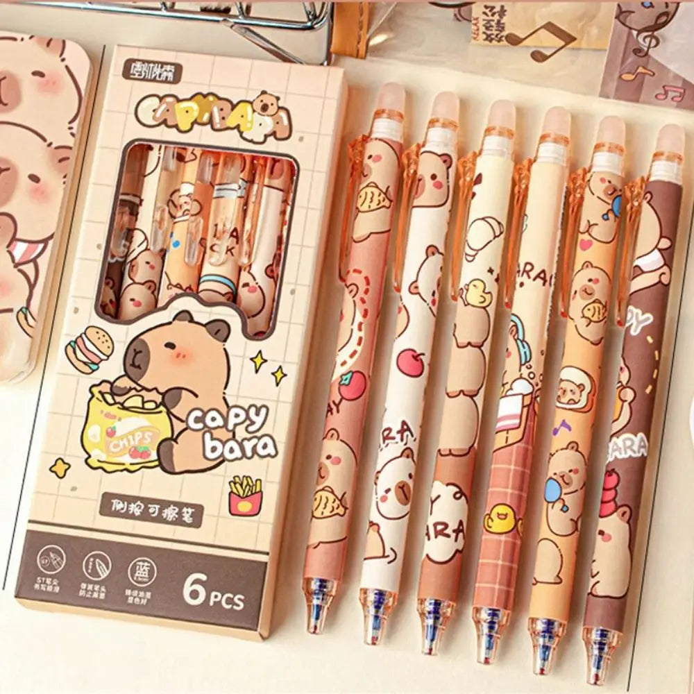 6pcs Cute Capybara Erasable Pen Blue Ink Writing Smooth Quick-Drying Office Accessories Elegant Pens Cute Japanese Stationery