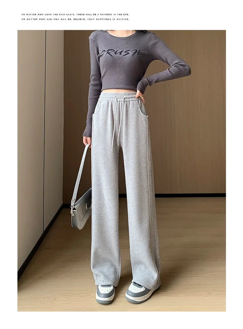 Women's Winter Thickened Fleece-lined Bell Bottoms Casual Straight-leg Pants High-waisted Draped Rice Cake Trousers New Model