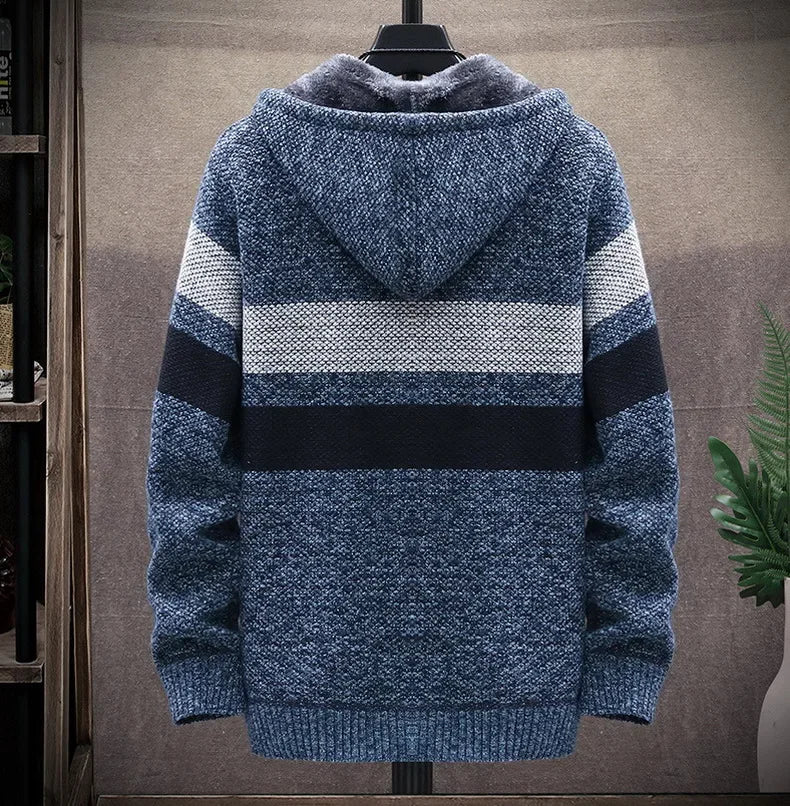 Customized Striped Mens Sweater Coat Thick Fleece Warm Zipper Wool Hooded Cardigan Jumpers Men Long Sleeve Knitted Sweaters