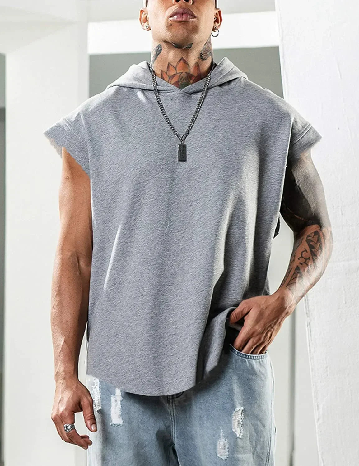 2024 Sweat à capuche couleur unie pour homme, nouveau pull décontracté de sport pour homme, t-shirt sans manches pour homme, gilet ample