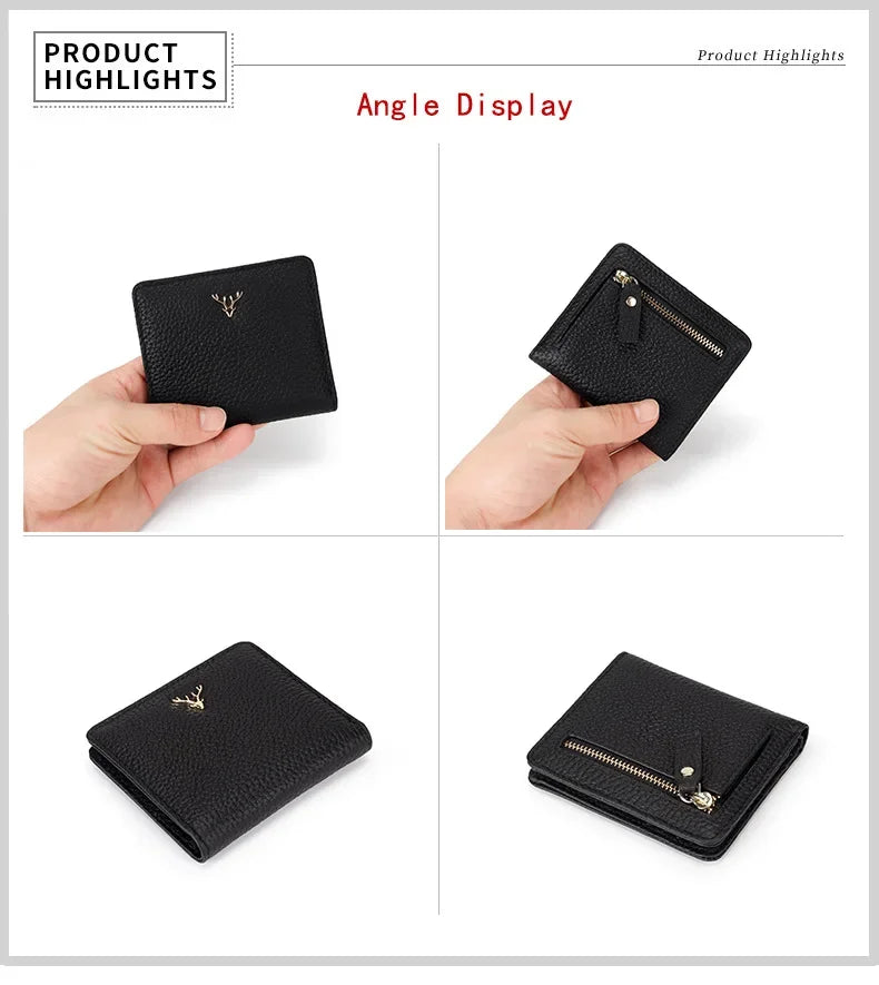 Cowhide Women's Purses Short Thin Small Wallet Chic Christmas Deer Button Ladies Genuine Leather Card Holder Wallet Coin Purse