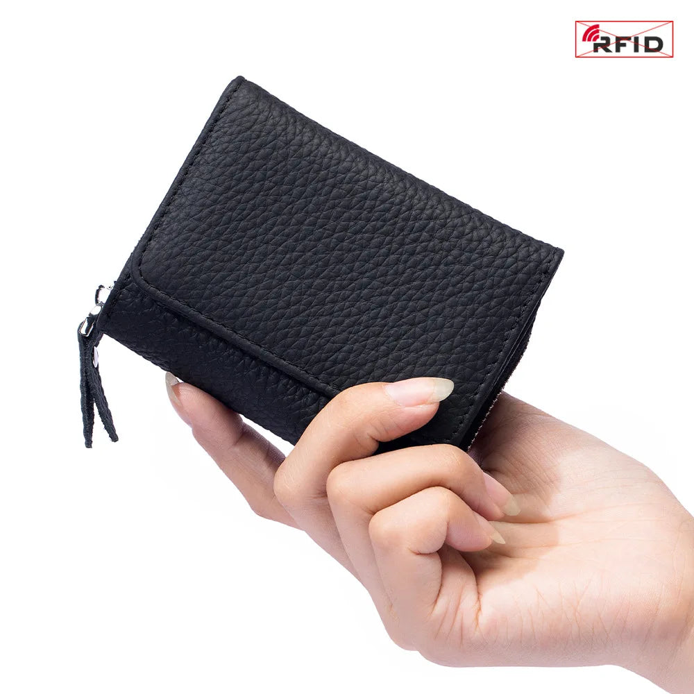 Genuine Leather RFID Short Wallets Card Holder Bag Portable Cowhide Small Zipper Money Coin Purse For Men Women Earphone Pouch