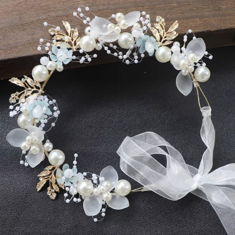 2023 Bride Wedding Hair Accessorie Pearl Flower Headband Girls Crystal Floral Crown Garland Head Hoop Headpiece Hair Jewelry