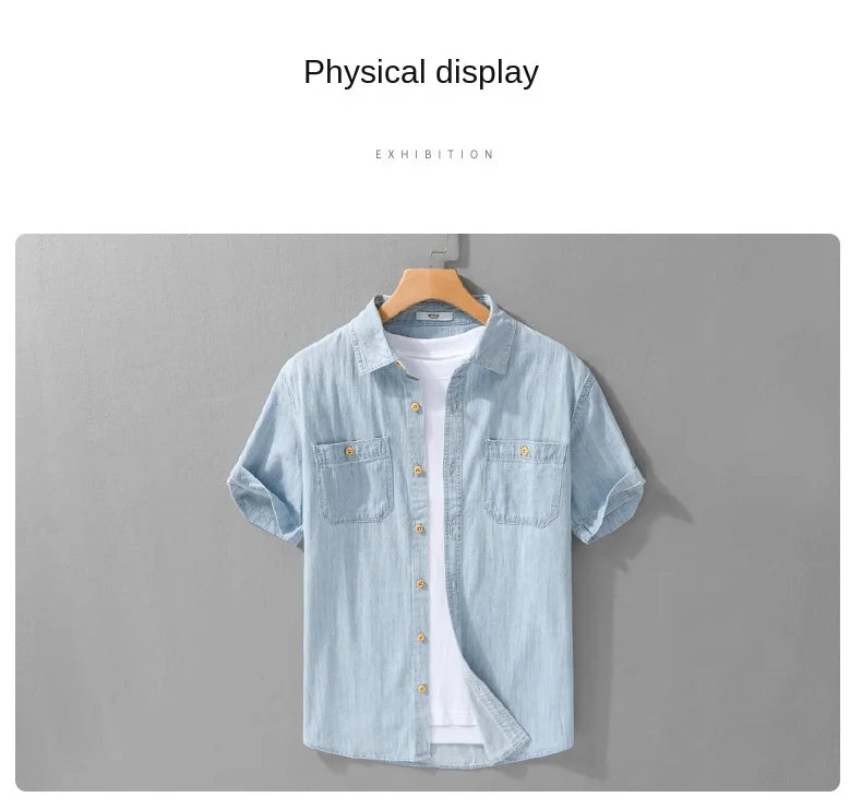 Light and Thin Summer Short-sleeved Denim Shirt for Men, Casual and Breathable, Sweat-wicking, Suitable for Daily Commuting.