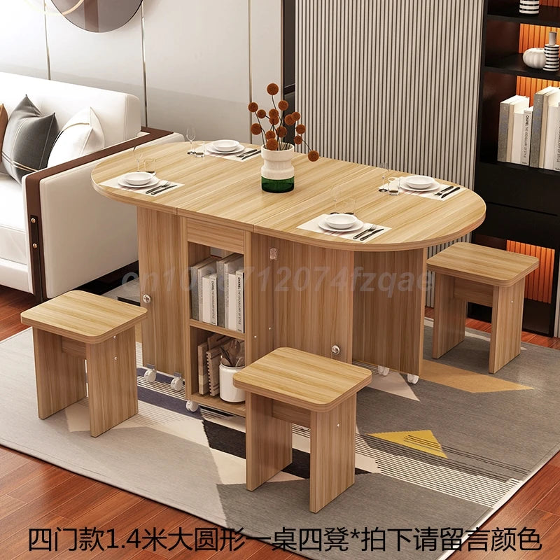 Folding Dining Table Movable Table Set  1.2m Round/ Square Table With 4 Chair Furniture For Dining Room Apartment Living Room