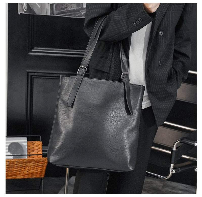 Soft Leather Tote Bag for Men Japanese Korea Style Business Casual Street Handbag Male Large Capacity Zipper Laptop Underam Bags