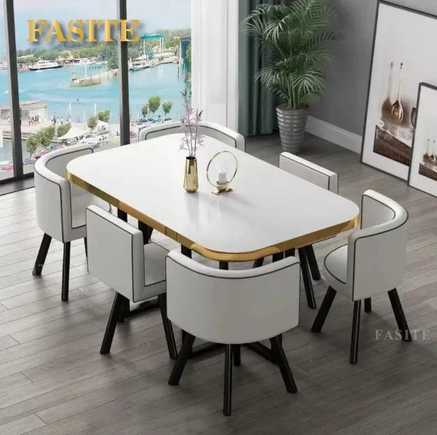 New 2024 Modern Marble Top White Classic Dining Table Living Room With 6 Chairs Set