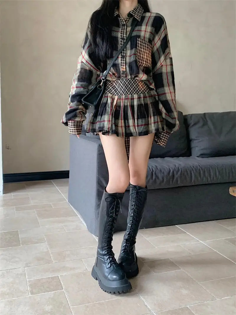 Onalippa Contrast Plaid Two Piece Sets Womens Outfits Turn Down Collar Casual Blouse Korean Chic Waist Belt Mini Pleated Skirts