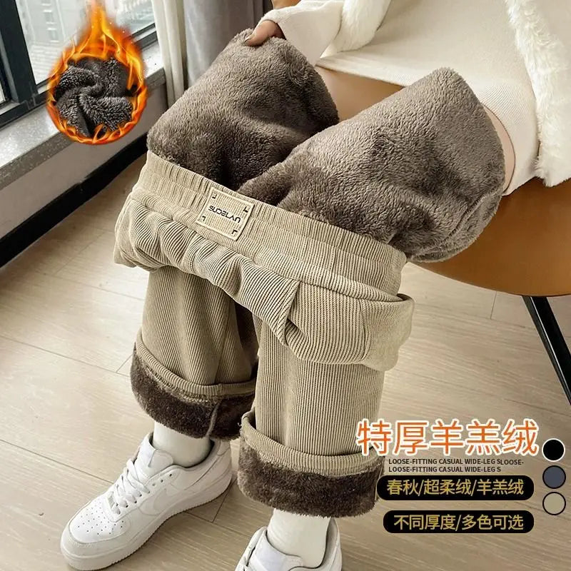 Winter Warm Thicken Lambswool Straight Pants Women Casual Elastic High Waist Fleece lined Wide Leg Pantalones Chic Baggy Pants