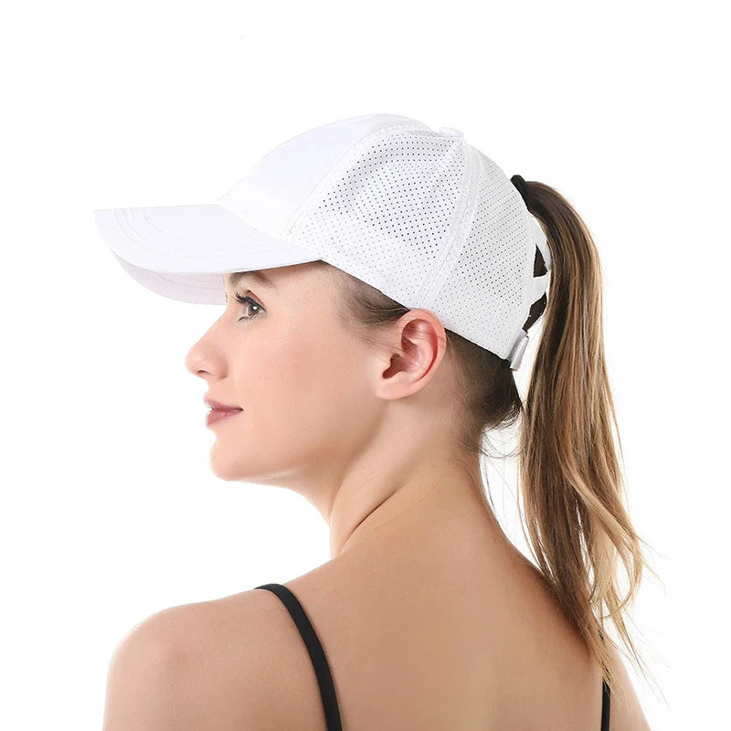 Casquette de baseball d'été de couleur unie pour femme, vêtement de golf, sport, loisirs, queue de cheval croisée, maille à séchage rapide, demi-creuse, casquette à visière pour homme