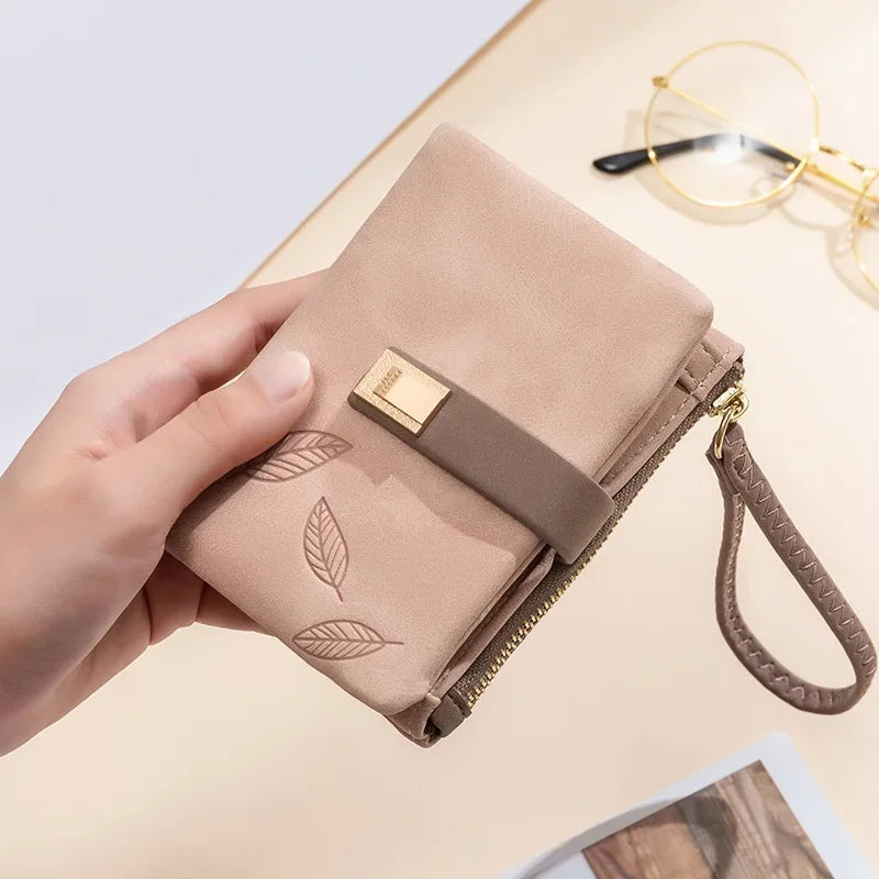 Fashion Female Wallet Short Leaf Print Purse Women Small Nubuck Leather Purse with Wrist Strap