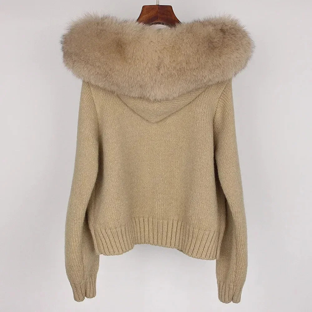 2024 Fashion Autumn Winter Casual Hooded Real Fox Fur Collar Fashion Short Knitted Jacket with Natural Fur Coat for Women