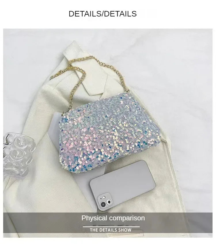 Sequins Crossbody Chain Bag Simple INS Solid Color Sequins Shoulder Bag Underarm Bag Phone Purse Evening Clutch Bags Handbag