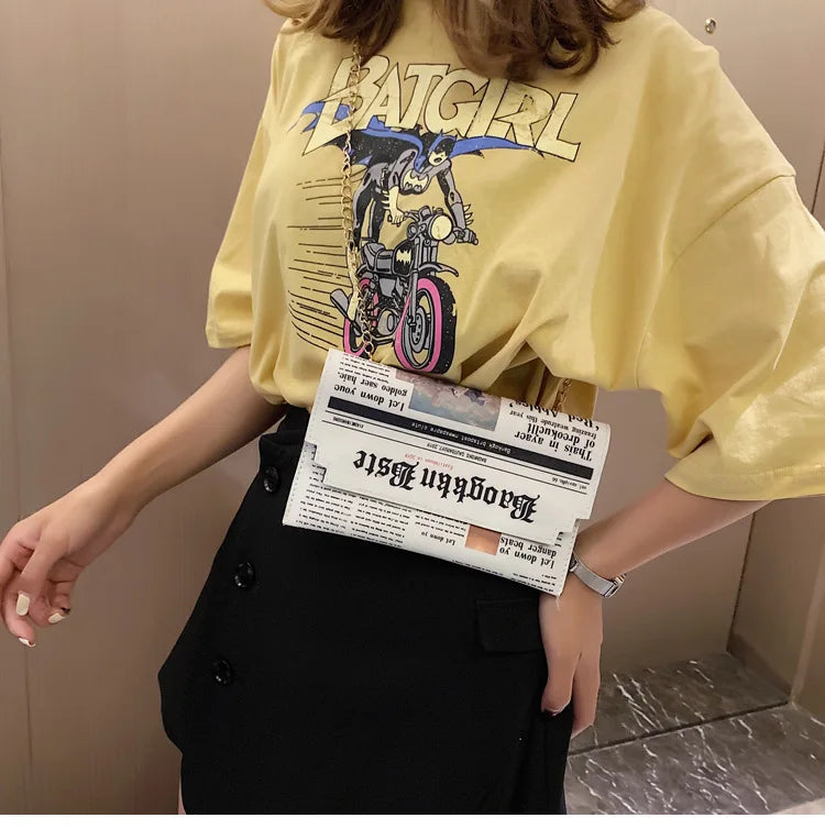 Fashion Women Newspaper Letter Printing PU Leather Shoulder Underarm Bag Casual Ladies Small Purse Buckle Handbag Messenger Bags