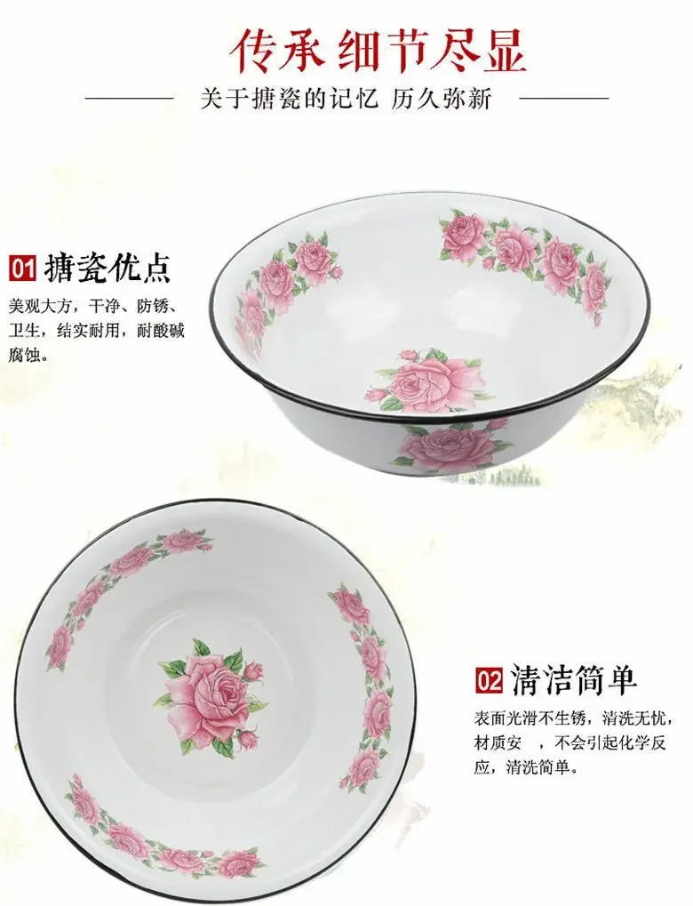 Extra Thick Enamel Basin Washbasin Kneading Fruit Kitchen Vegetable Washing Dishwashing Dining Room Sets Flower Pattern Nordic