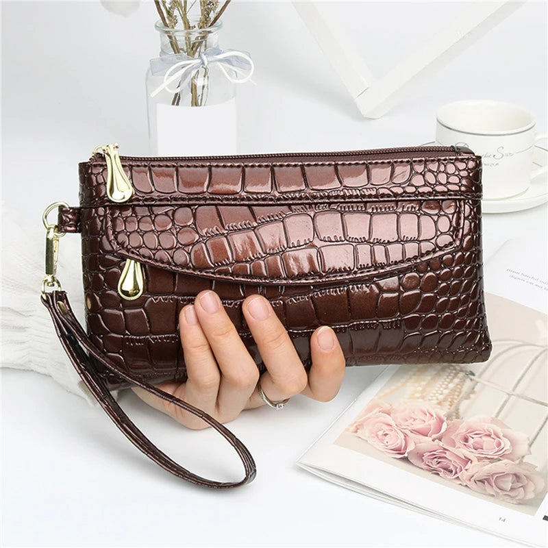 Portefeuilles en cuir verni pour femmes, portefeuille long à double fermeture éclair, pochette design, porte-monnaie rouge, porte-monnaie en crocodile