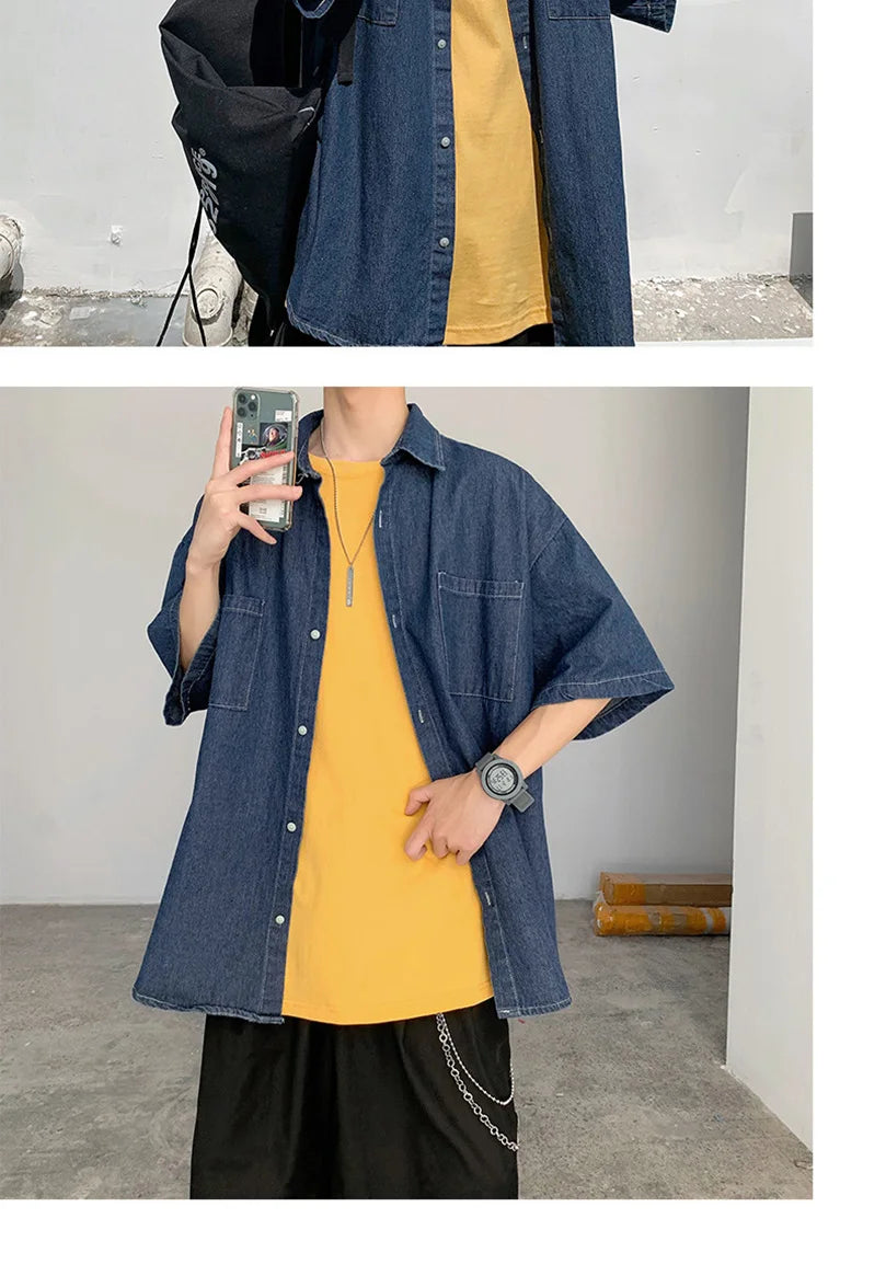 Summer Brand Denim Shirt Men Short Sleeve Cargo Shirt Coat Loose University Handsome Top Clothes 2023 Cowboy Oversize