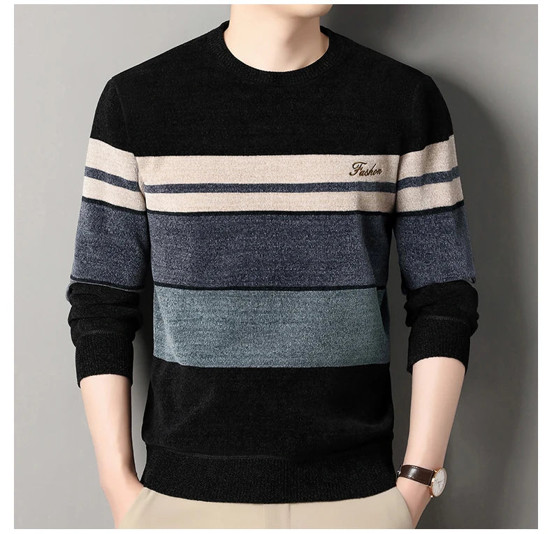 Pull en chenille pour homme, pull en tricot à rayures, haut d'automne et d'hiver, col rond, tricoté