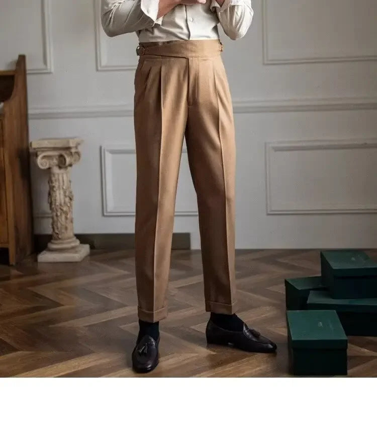 Spring Autumn White Men's Trousers Business Casual Cropped Pants Paris Button Trendy Italian Style