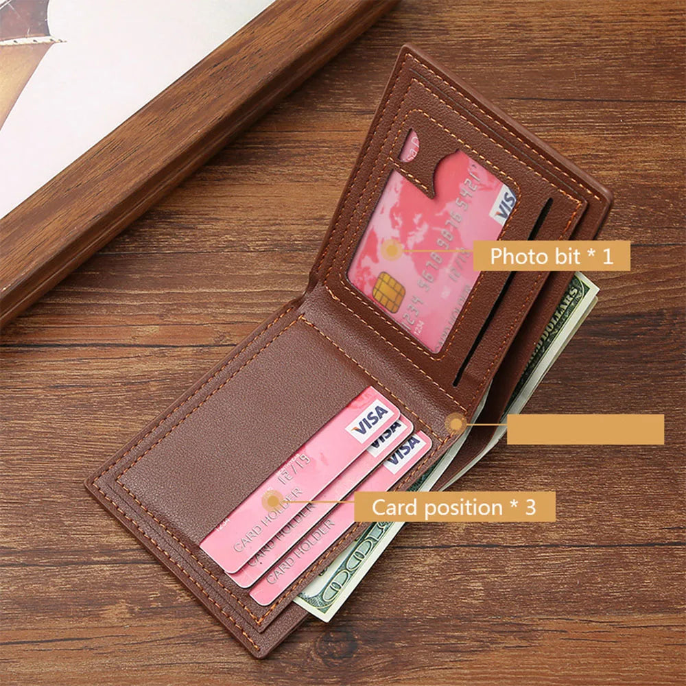 Lychee Texture PU Leather Men's Wallet Short Cash Purse Multi Card Slot Patchwork Card Holder Photo Holder Horizontal Money Clip