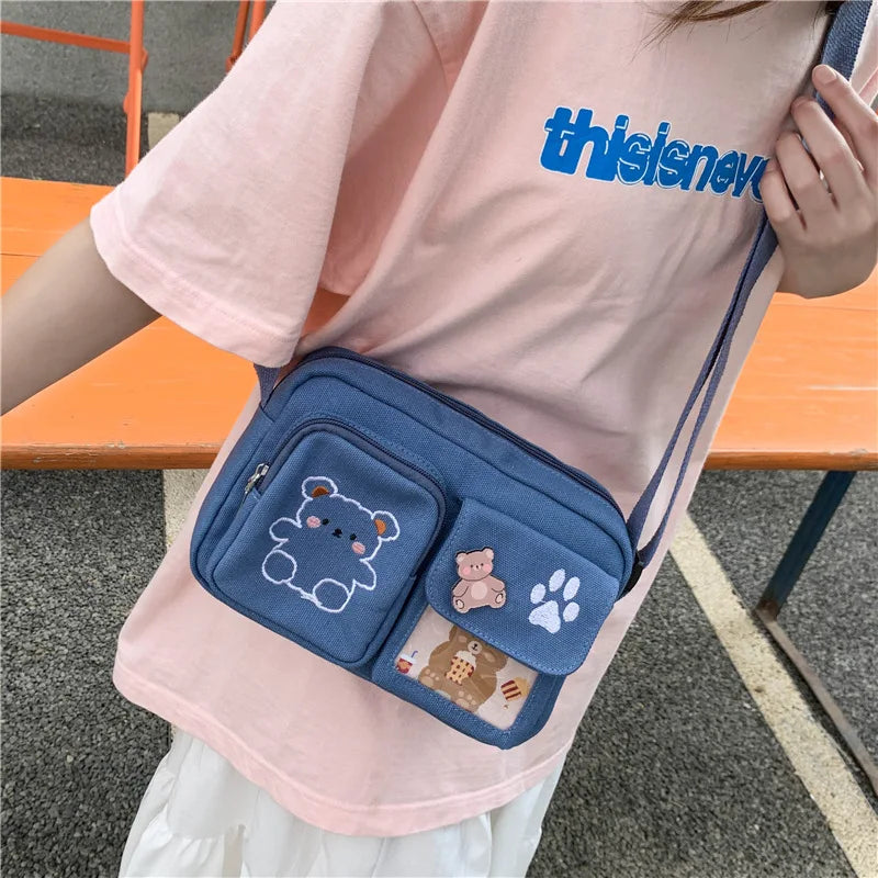 Canvas Small Bag Japanese ins Women Shoulder Bag Cute Funny Personality Embroidery Bear Girl Student Transparent Messenger Bag