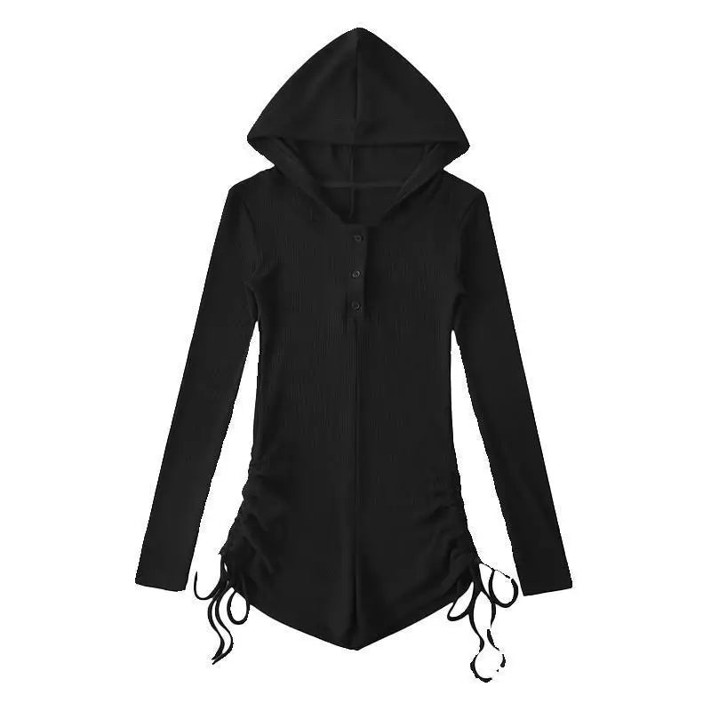 Combinaison à capuche noire style Wasteland pour femme, short d'été à manches longues et cordon de serrage, combinaison slim et épicée pour fille