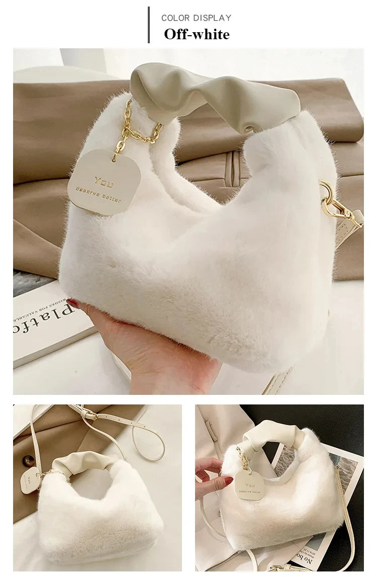 New Fashion Women Lady Shoulder Underarm Bag Solid Color Soft Plush Handbag Fluffy Totes Purse Autumn Winter Shopping Bag