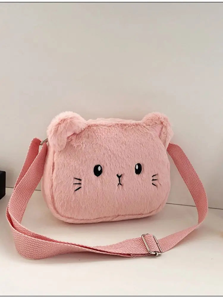 Plush Cartoon Children's Messenger Bag Cute Cat Lovely Kids Crossbody Handbags Zipper Little Girl Purse Gift For Child