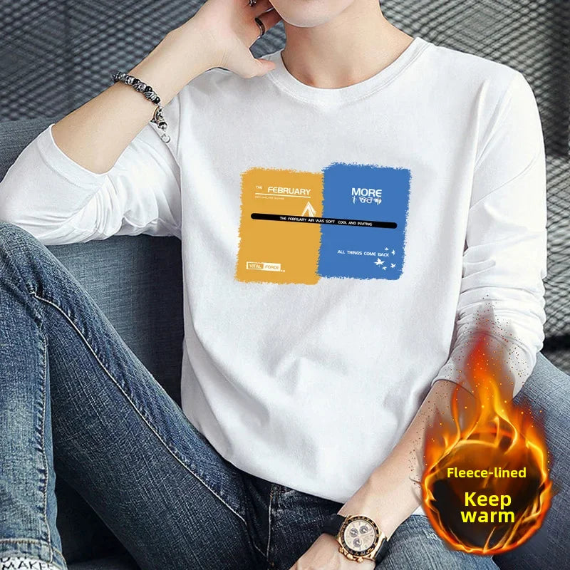 Men's Long Sleeve Fleece-lined T-shirt Winter Stylish Printing Versatile Single Item Jacket Sweatshirt Base Layer Quality