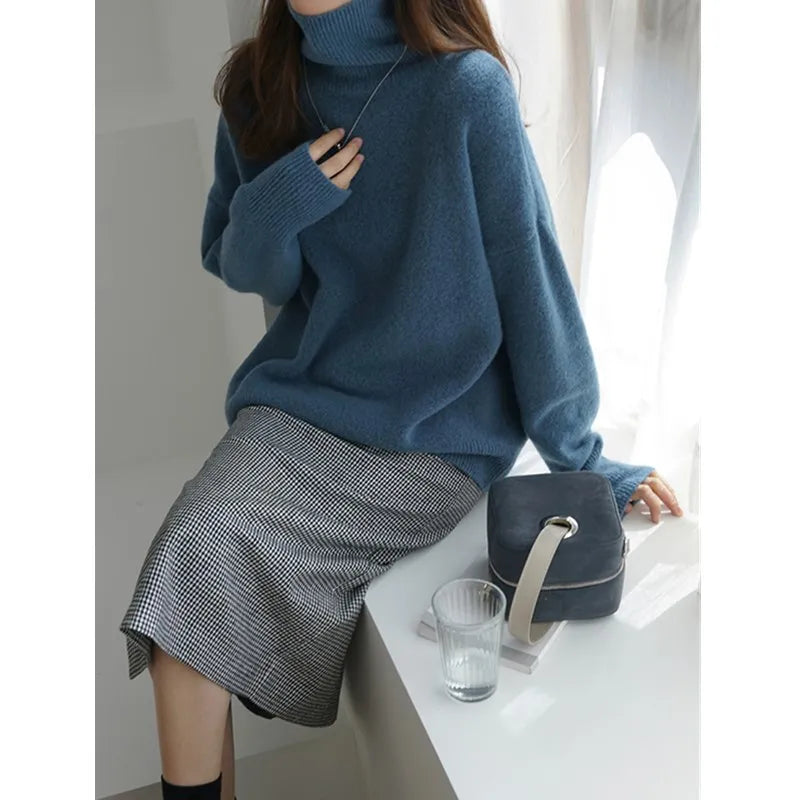 2023 New turtleneck cashmere sweater women thickened cashmere sweater loose hedging lazy knit base