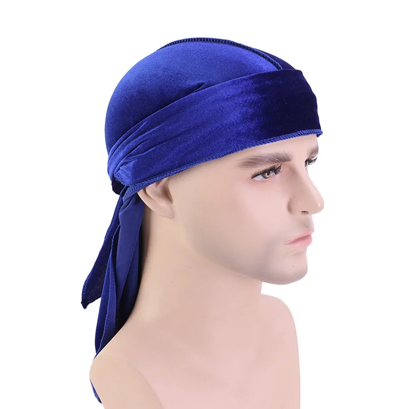 New Unisex Velvet Durags Bandana Turban Hat Men Women Breathable Long Tail Pirate Hats Cap Hip Hop Headband