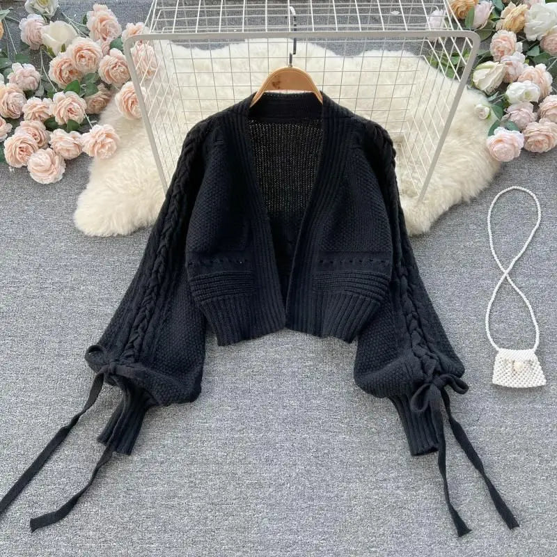 Green Casual Acrylic Knit V-Neck Lantern Long Sleeve Lace Up Women's Cardigan Sweater Short Cardigan For Women Clothing 2024