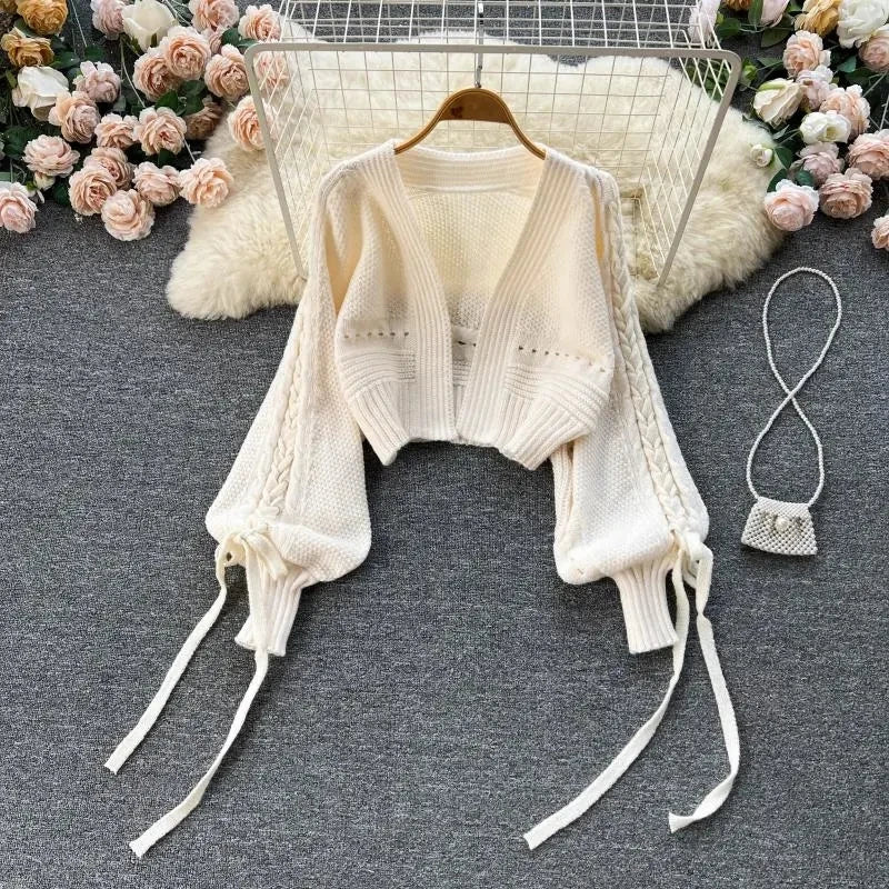 Green Casual Acrylic Knit V-Neck Lantern Long Sleeve Lace Up Women's Cardigan Sweater Short Cardigan For Women Clothing 2024