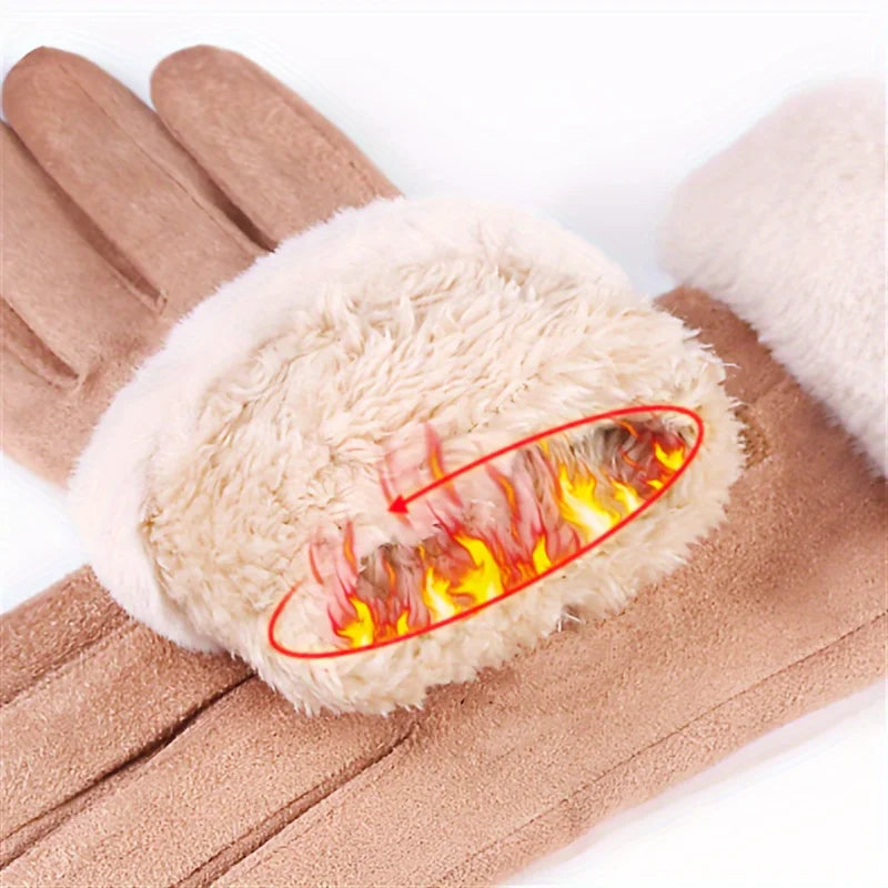 Women Winter Thick Plush Leather Gloves Fashion Winter Warm Skiing Outdoor Women Gloves Lady Elegant Casual Touch Screen Gloves