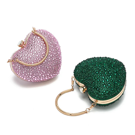 Luxury Diamond Inlay Heart Shape Crystal Clutch Purse Stones Evening Wedding Party Shoulder Bag Handle Rhinestone Mini Handbags