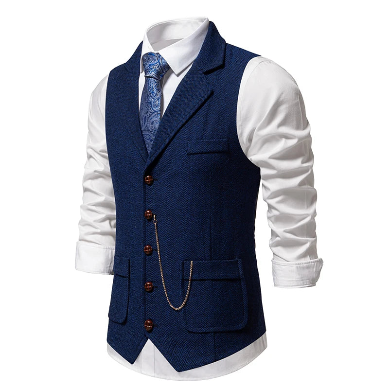 Men's Retro Lapel Chain Vest Fashion Herringbone Coarse Tweed Pockets Suit Vest British Casual Vintage Gentleman Leisure Party