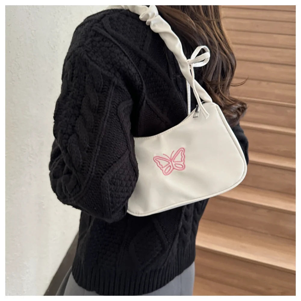 Embroidery Bowknot Butterfly Shoulder Bag Y2k-Style Ruffle Handle Nylon Bow Tote Bag Makeup Lipstick Bag Handbag New