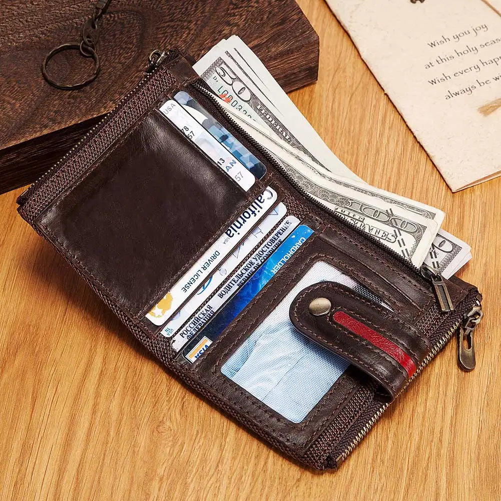 Short Genuine Leather Men's Wallets England Style Clutch Bag Top Quality Mini Purse for Women with Double Zipper Coin Pocket