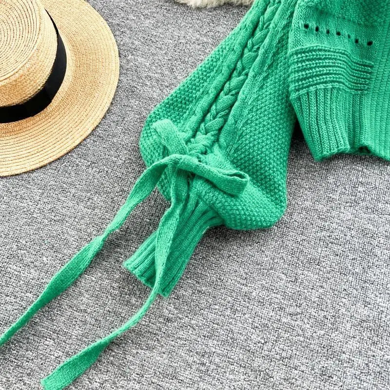 Green Casual Acrylic Knit V-Neck Lantern Long Sleeve Lace Up Women's Cardigan Sweater Short Cardigan For Women Clothing 2024