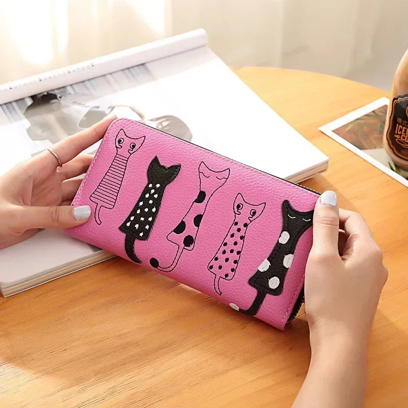 Women European and American Cats Cute Cartoon Embroidery Thread Ladies Zipper Long Wallet Clutch Bag Simple Fashion