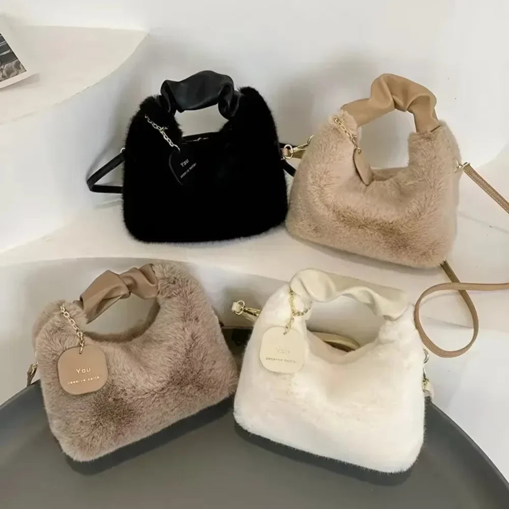 New Fashion Women Lady Shoulder Underarm Bag Solid Color Soft Plush Handbag Fluffy Totes Purse Autumn Winter Shopping Bag