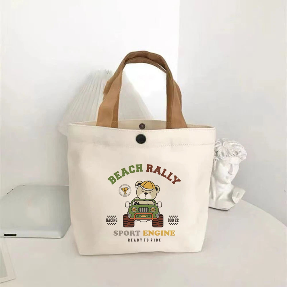 Small Versatile Handbag Cute Bear Mini Canvas Bag Female Student Lunch Box Bag Simple Tote Bag Office Worker Lunch Bag New