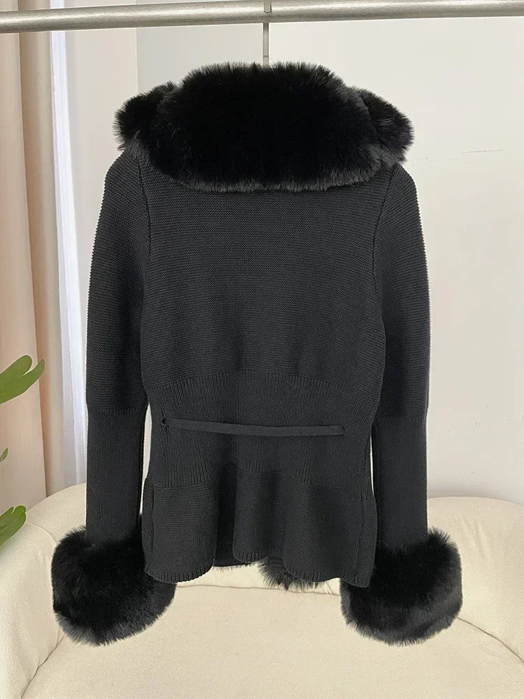 Autumn/Winter 2024 Women's Fur Coat Luxury Patchwork Knitted Sweater Bandage Fur Cardigan Detachable Collar Jacket Faux Fur Coat