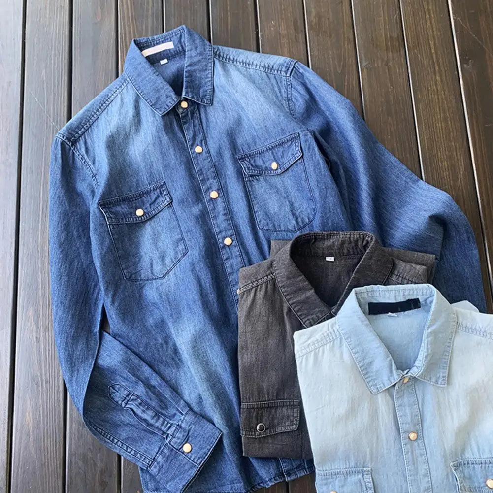 Men's Long-sleeved Solid Denim Shirt Fashion Classic Retro Denim Pocket Decoration Business Shirt Spring And Autumn Tops