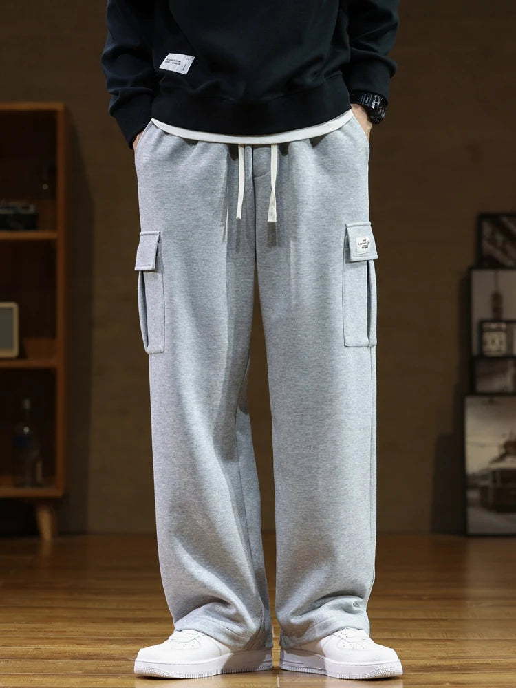 Spring Autumn Multi-Pockets Sweatpants Men Drawstring Waist Sportswear Casual Track Pants Plus Size Loose Straight Trousers 8XL