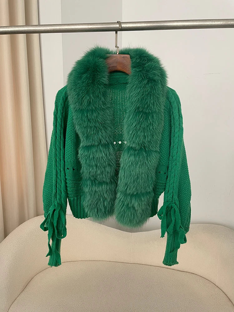 New Knitting Cardigan 2024 Winter Women Knitted Jacket with Natural Fur Placket Coat Casual Real Fox Fur New Fashion Short Warm