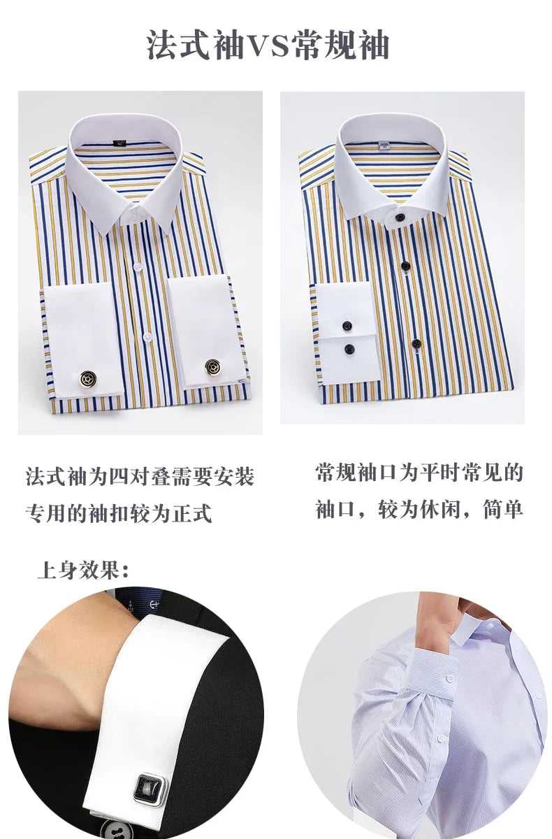 Men's French cufflink shirt with slim fit and contrasting color collar, Windsor collar, striped formal long sleeved shir