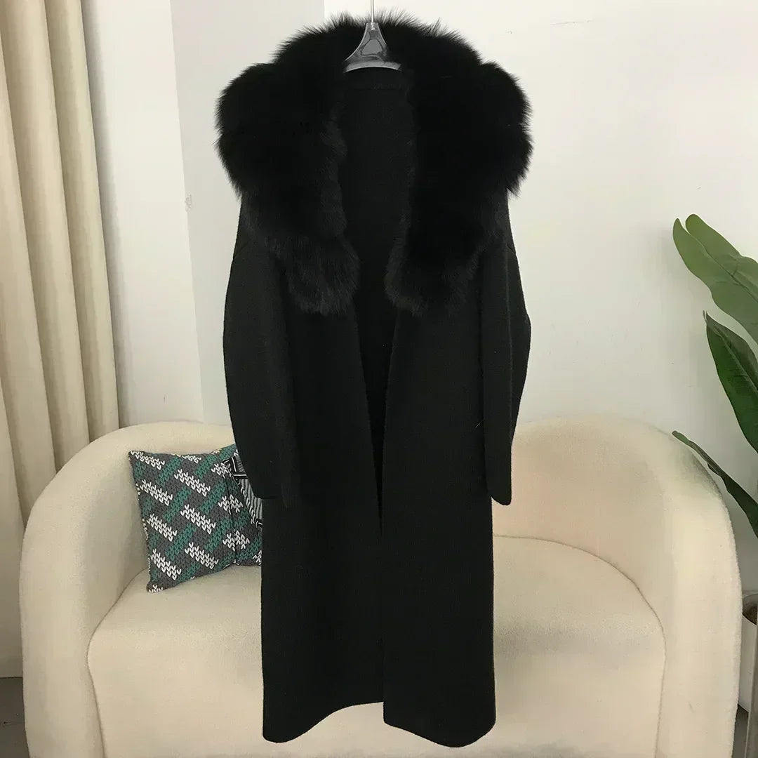 2024 Natural Fox Fur Collar Jacket Spring Autumn Real  Sweater Fur Coat Women Belt Long Loose Thick Warm Outerwear Knitting Coat